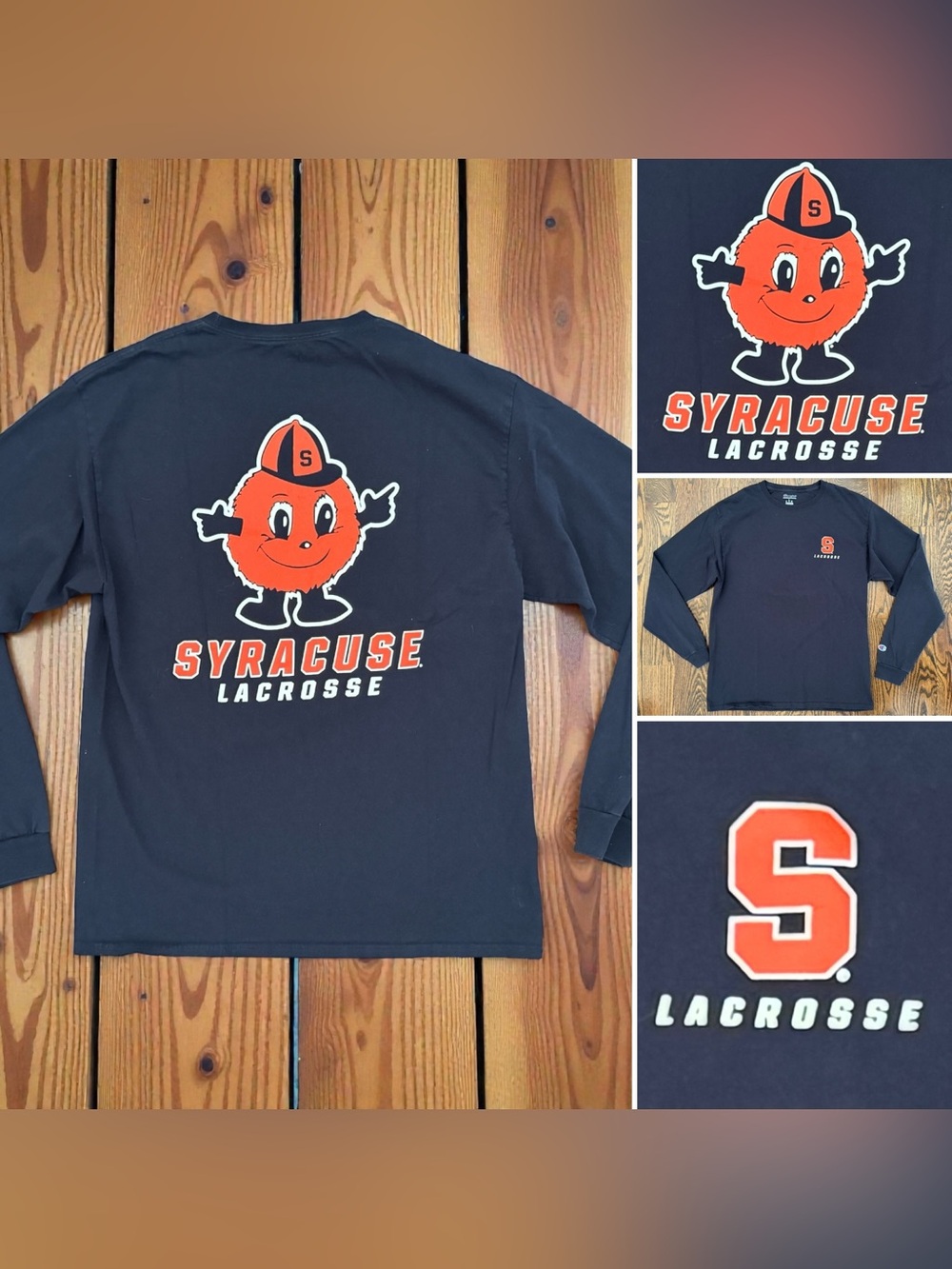 Champion Syracuse Orange Lacrosse Navy Shirt Men Long Sleeve Mascot Otto L